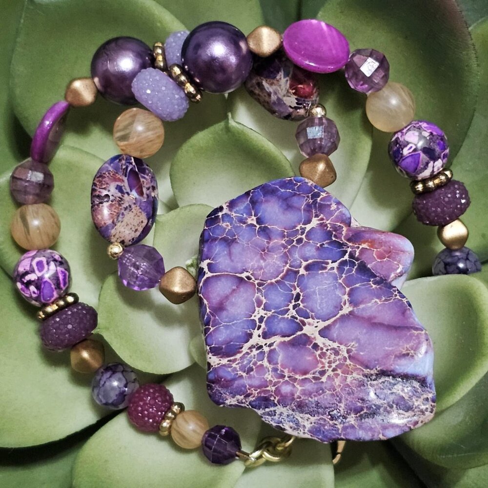 Artisan Necklace Earrings and Bracelet Set Purple Gold Magenta Stone Beads - Picture 4 of 15